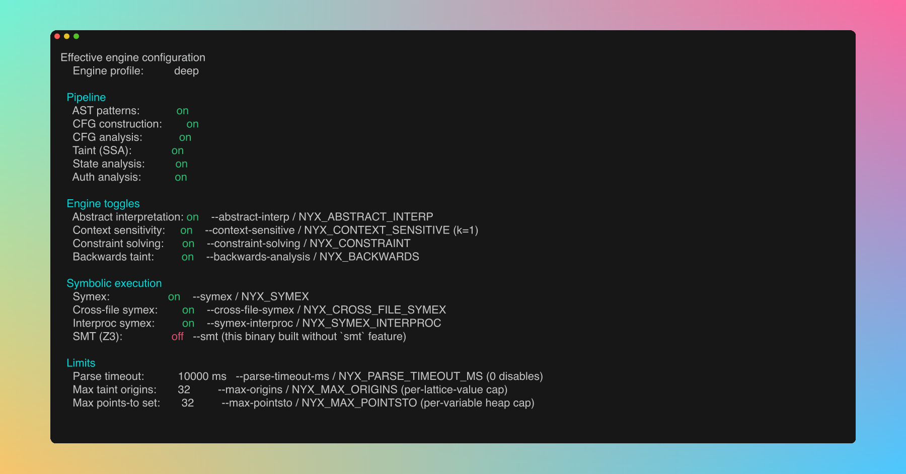 nyx scan --engine-profile deep --explain-engine output: resolved config showing every analysis pass, its current state, and the CLI flag/env var that controls it