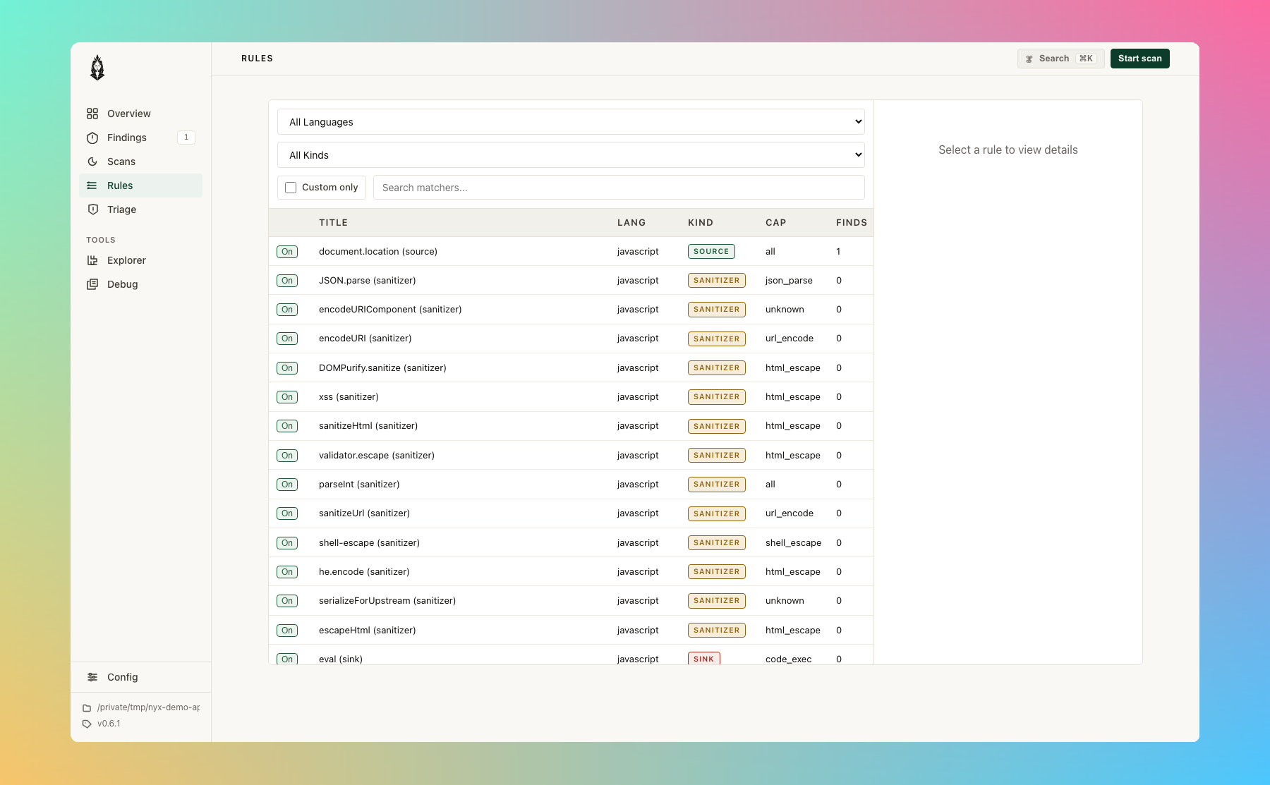Nyx rules page: 218 rules with language/kind dropdowns and a matcher search; rows showing rule title, language, kind (SOURCE/SANITIZER/SINK), cap, and finding count